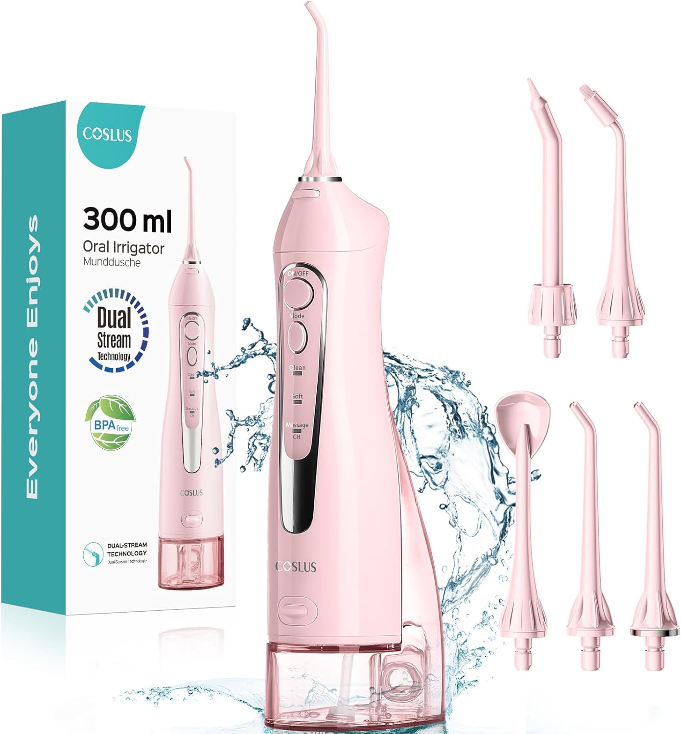 COSLUS Irrigador Dental Portátil – 300ML Flosser Eléctrico Recargable, 3 Modos & 5 Boquillas, Batería de 30 Días, Resistente al Agua IPX7 para Limpieza Dental y Salud de las Encías (Negro)